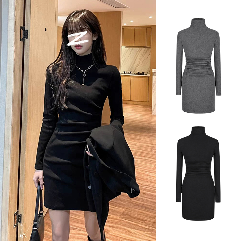 Moses Queen/魔西女王高级灰抽褶掐腰包臀短裙半高领长袖连衣裙