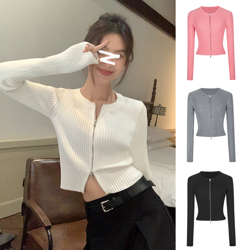 Moses Queen/魔西女王双拉链针织开衫女设计感修身短款长袖上衣