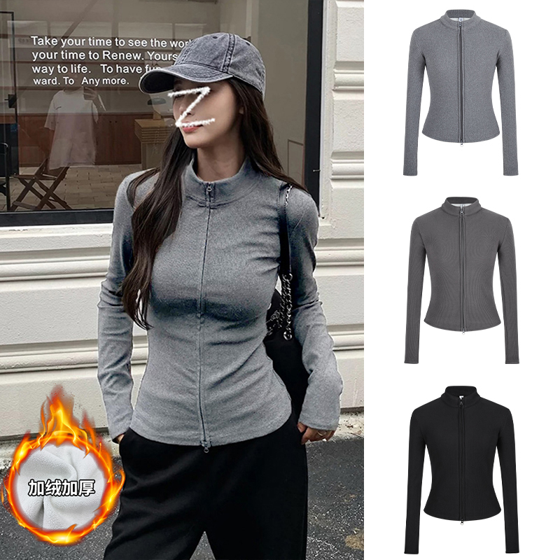 Moses Queen/魔西女王加绒加厚美式双拉链外套立领修身掐腰开衫