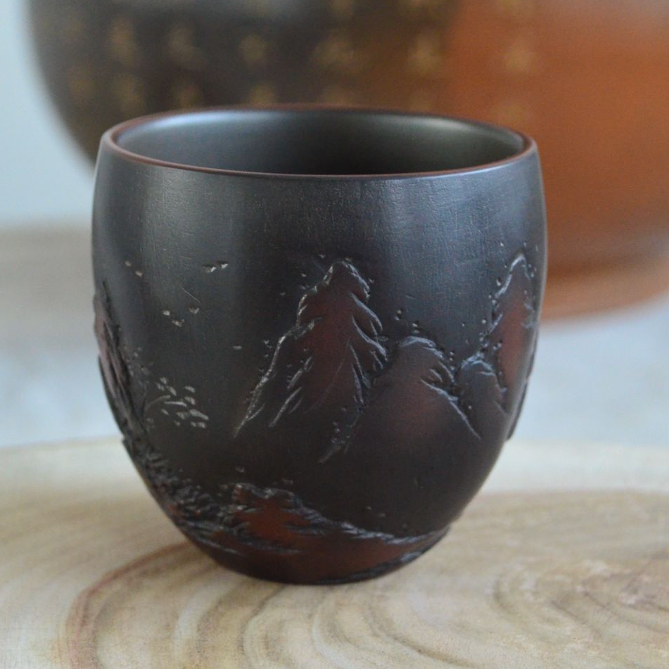 浮雕纯手工柴烧杯茶杯刻字品茗杯茶具陶瓷家用钦州坭兴陶全手工