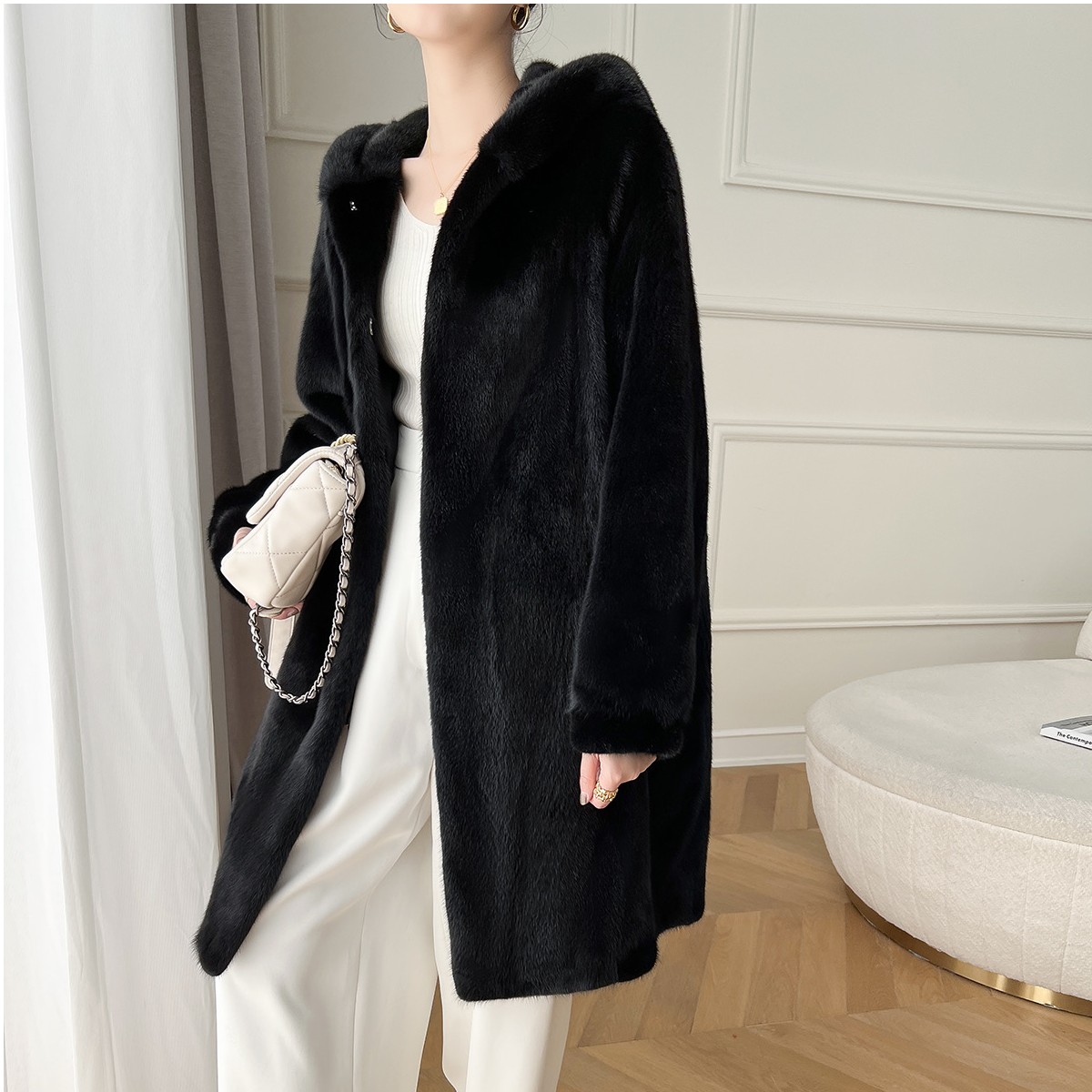 水貂毛中长款冬季时尚长袖宽松连帽大衣