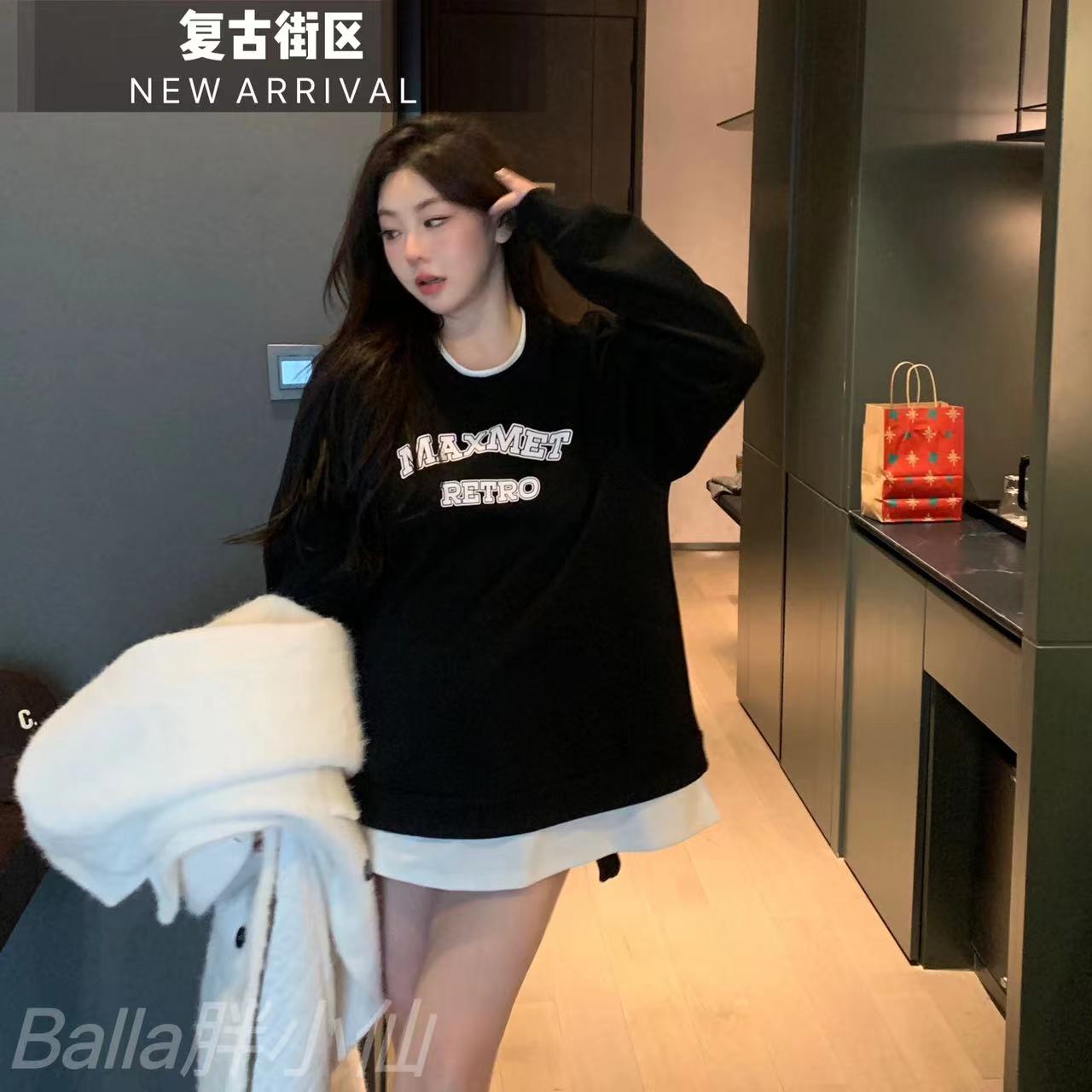 胖小仙秋冬<复古街区>美式印花卫衣慵懒显瘦潮流大码时尚圆领