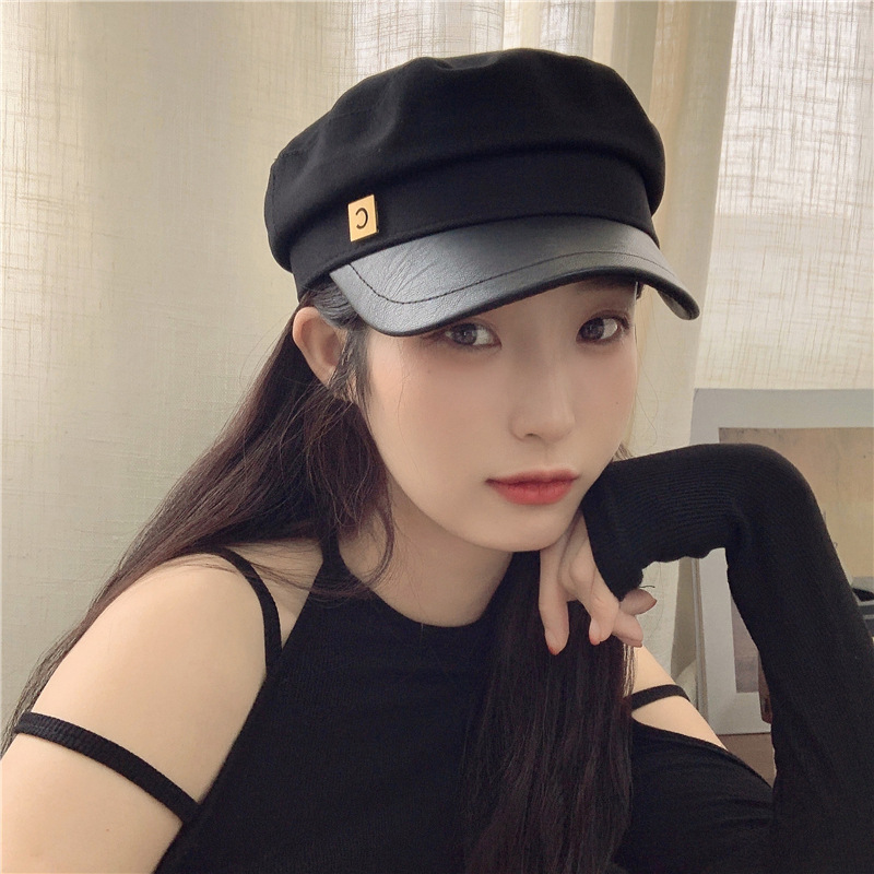 可欲可气质~金属贴片平顶贝雷帽女韩版优雅气质复古秋冬网红鸭舌