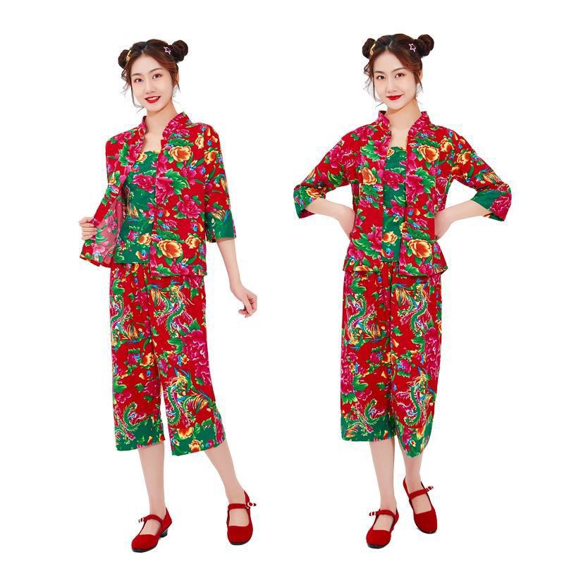 东北大花布二丫村姑女二人转翠花演出服姐妹装广场舞蹈秧歌服套装