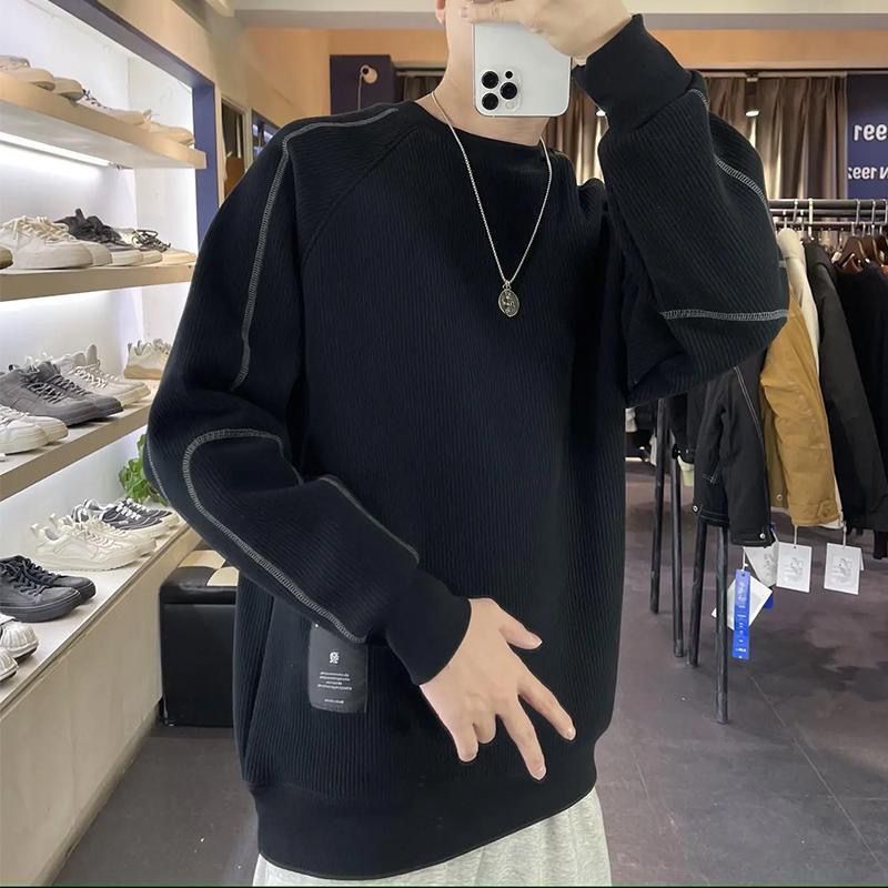 坑条绒圆领卫衣加绒男士卫衣2023潮牌冬季高端正品鹿晗大码带帽