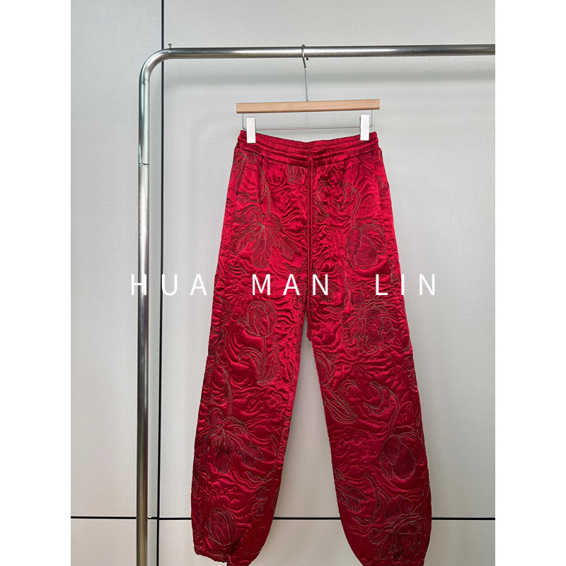 【花满林】全松紧腰抽绳刺绣红色加厚长裤88132