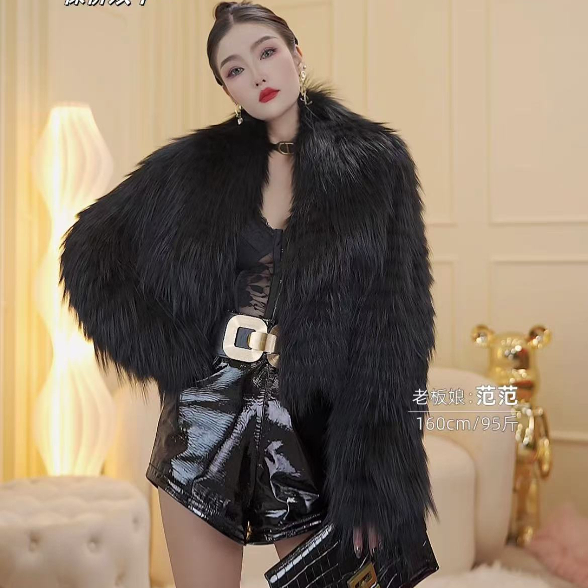 【财阀千金】原创设计师款黑金夫人时尚银狐翻领外套女