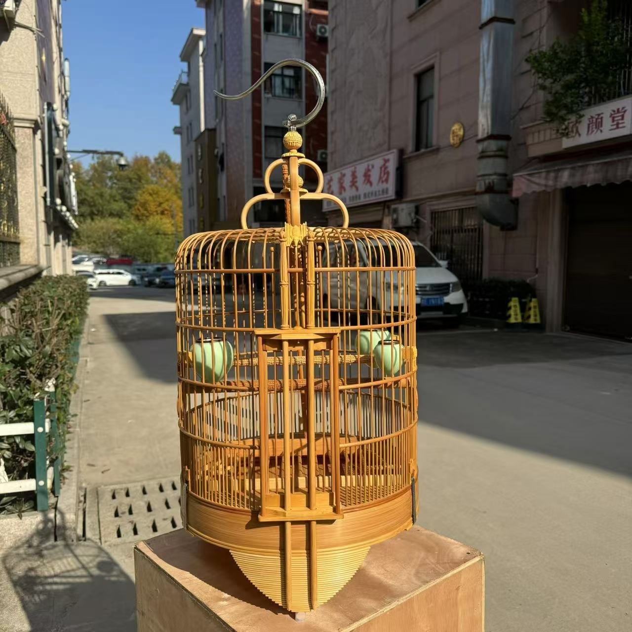 3380蝙蝠雕花全黄杨木三拉对节【一个无节半月板】广东底素笼鸟笼