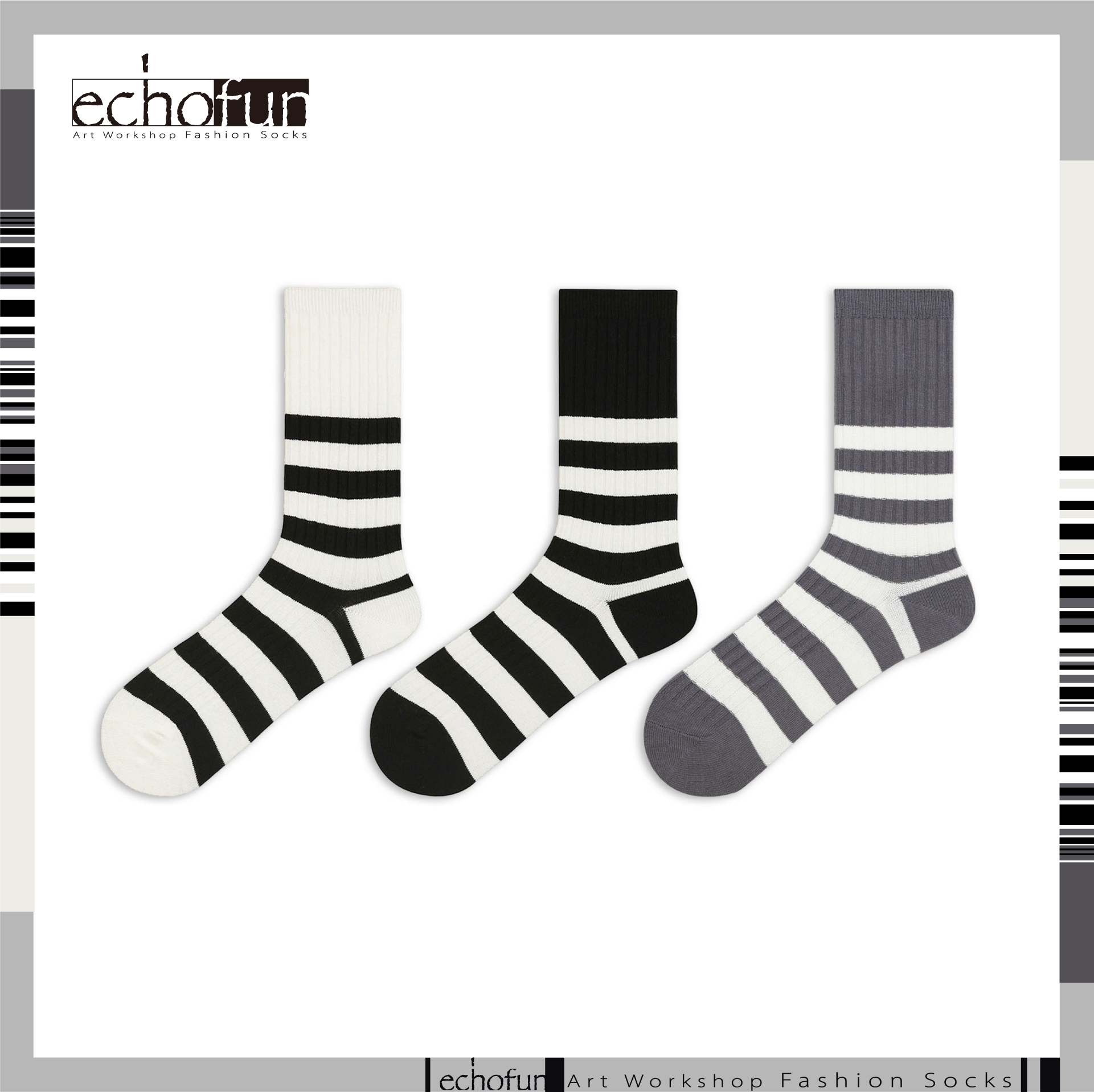 echofun 黑白色巨百搭女袜~秋季ins潮流韩版条纹袜子中筒袜棉袜