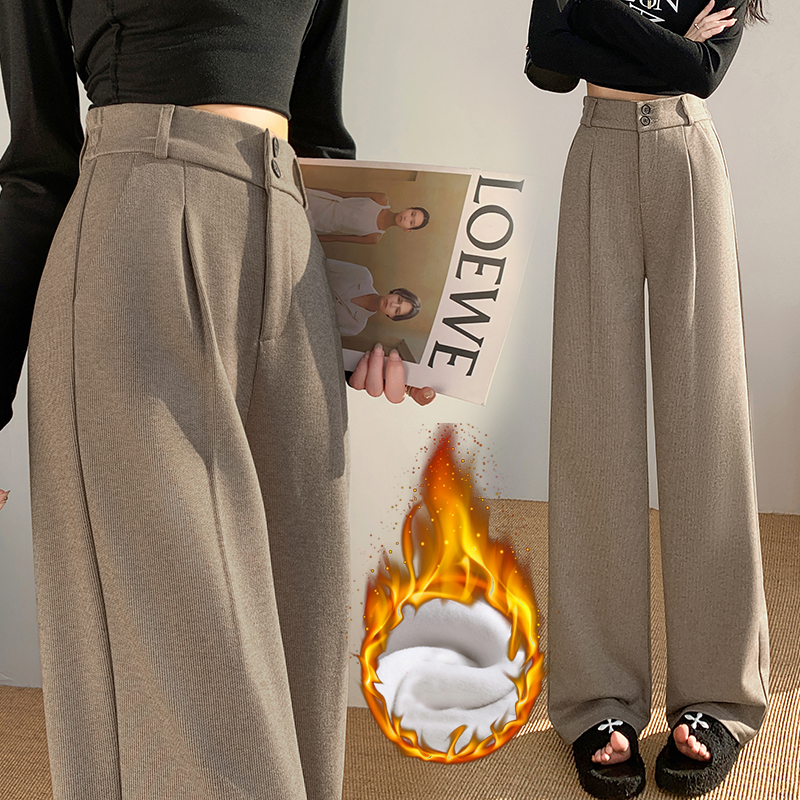加绒卡其色毛呢阔腿西装裤秋冬新款气质通勤款高腰垂感直筒休闲裤