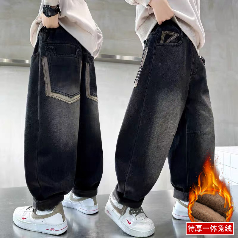 兔绒儿童加绒裤2025冬装新款中大童加厚老爹裤港风牛仔棉裤NZ802