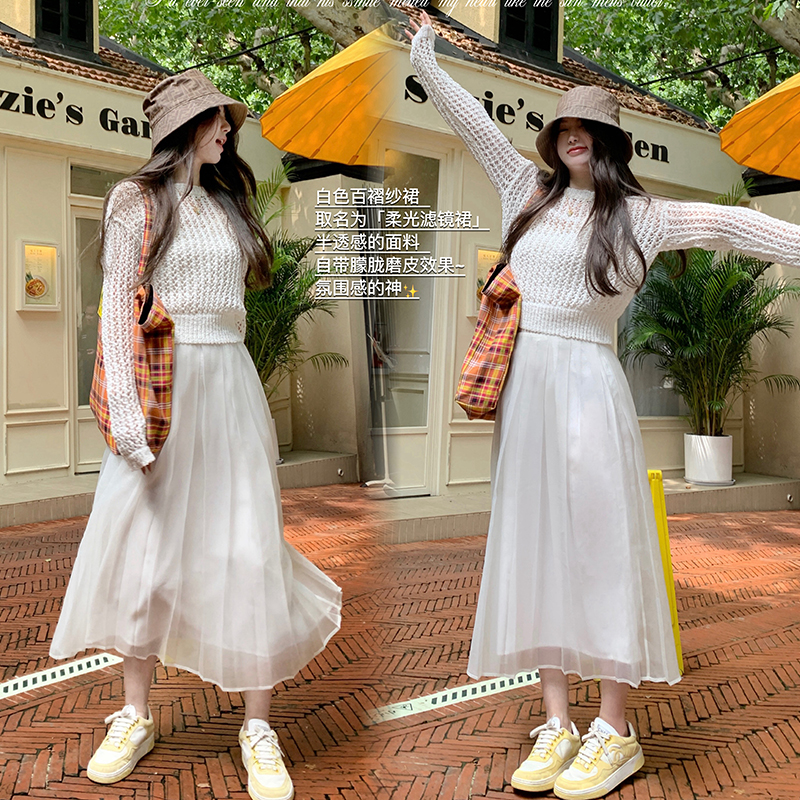 肉完 柔光滤镜小白裙｜氛围感百褶通透仙气少女百褶中长款半身裙
