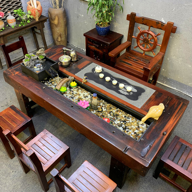 老船木流水茶桌椅组合办公室景观养鱼循环中式实木茶几禅意泡茶台