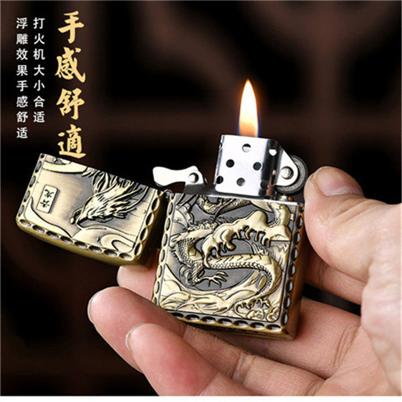 新款浮雕图案砂轮煤油打火机青铜版男士防风送火石棉芯创意好礼品