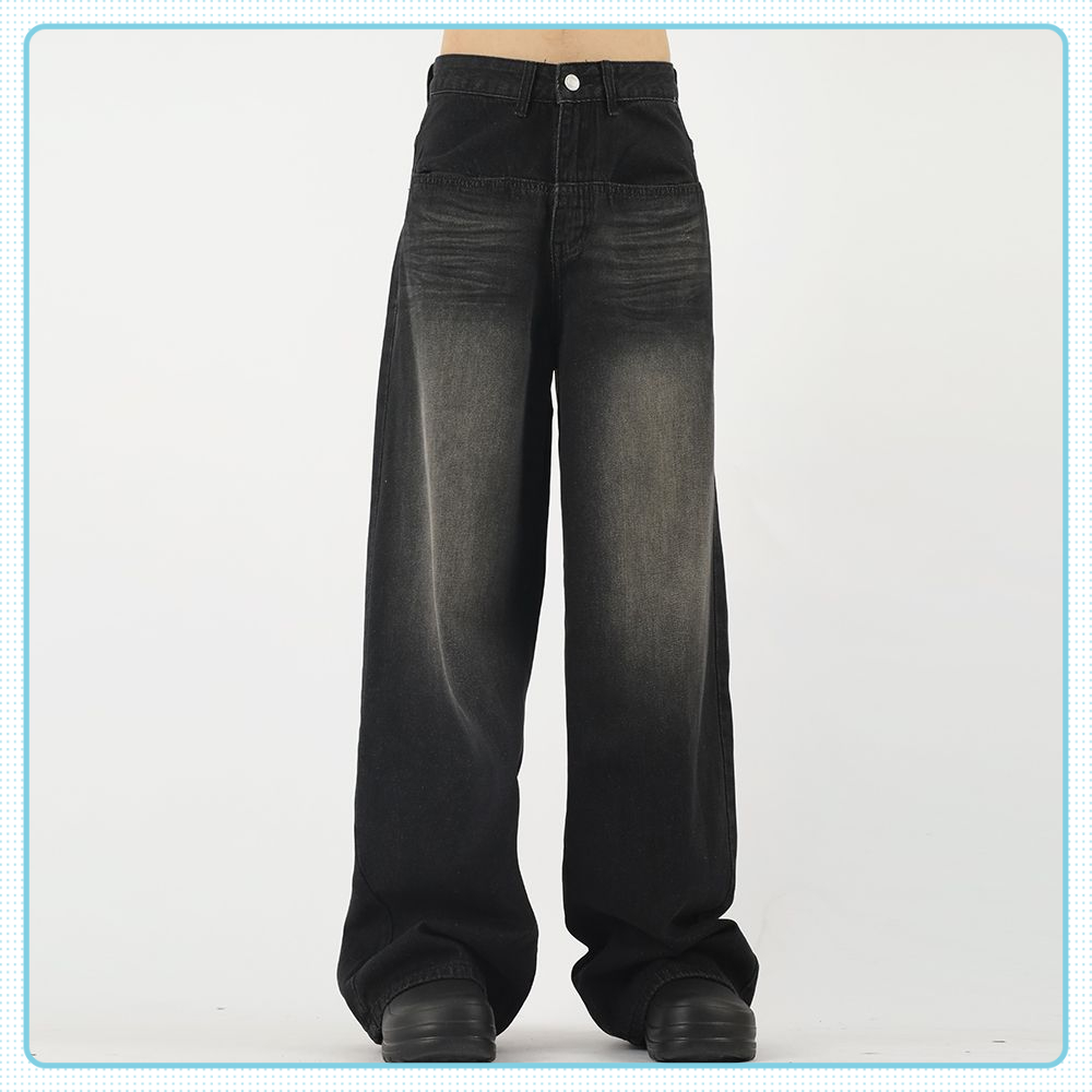 美式复古插袋设计感小众水洗做旧牛仔裤宽松垂坠感阔腿长裤男女潮