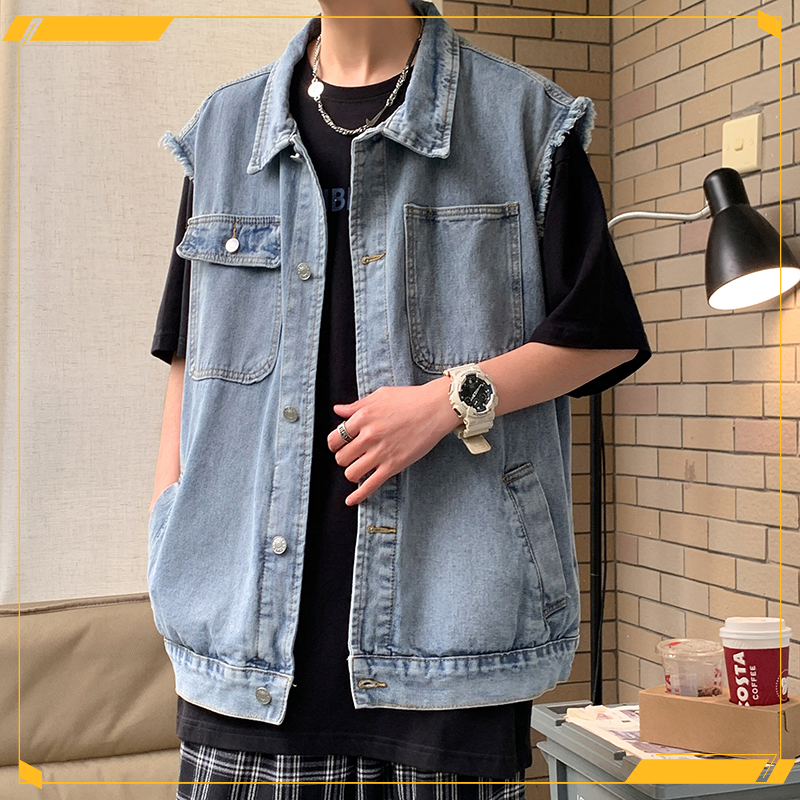 牛仔马甲男夏装潮牌宽松落肩无袖背心水洗复古做旧春秋季百搭外套
