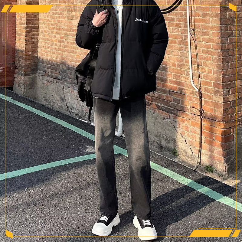 2023黑色渐变高端牛仔裤男款美式高街潮牌子宽松直筒简约阔腿裤