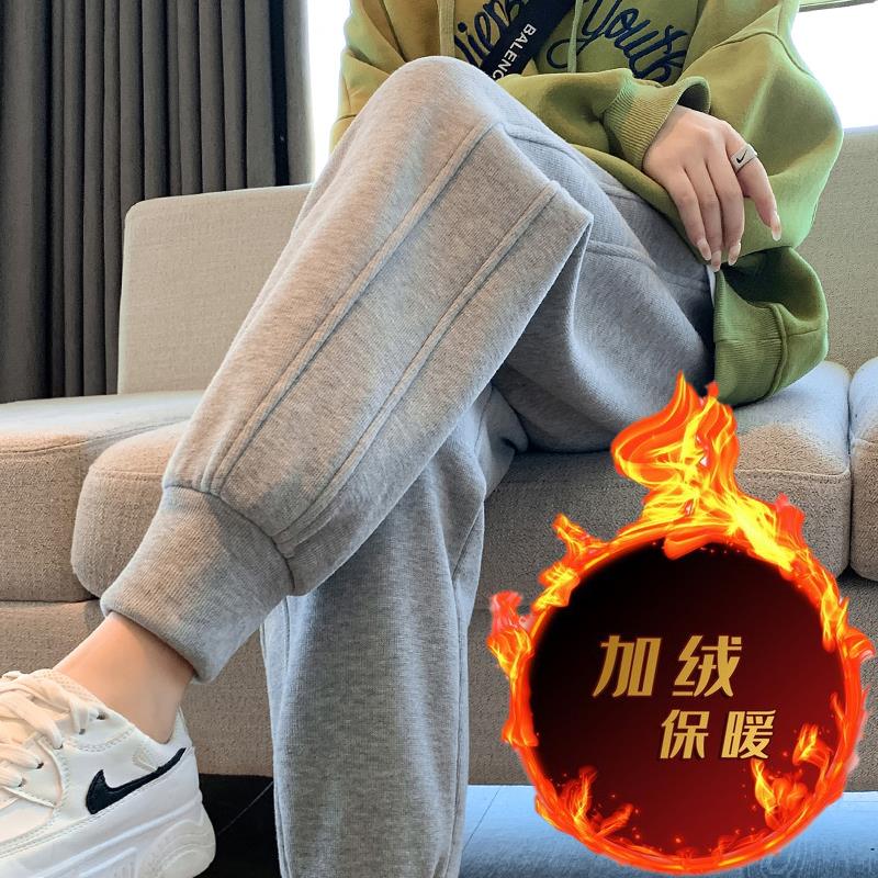 加厚羊羔绒运动裤女冬季加绒卫裤宽松束脚2023小个子秋冬休闲裤子