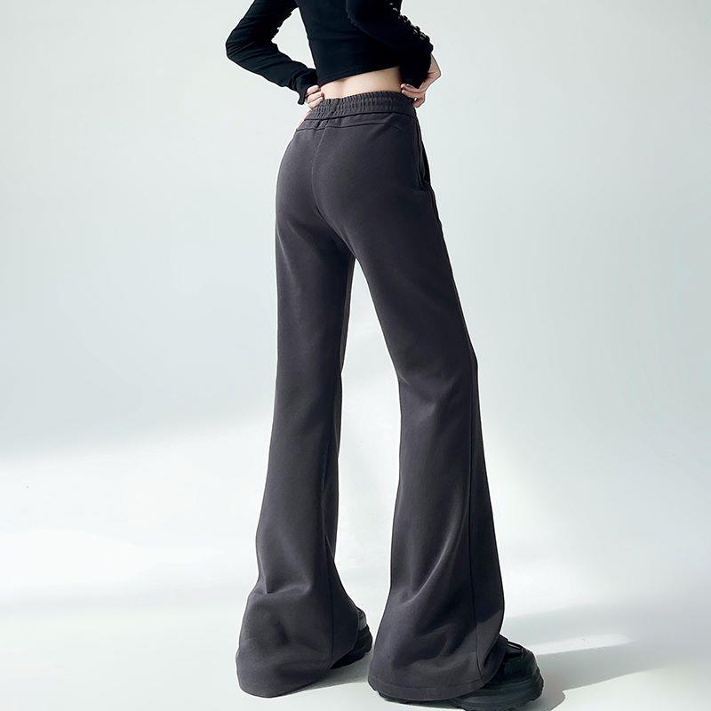 美式灰色微喇叭裤女秋冬加绒高腰运动休闲厚裤小个子垂坠感马蹄裤