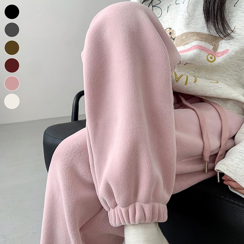 粉色加绒运动裤女秋冬加厚外穿保暖摇粒绒裤小个子哈伦束脚卫裤G