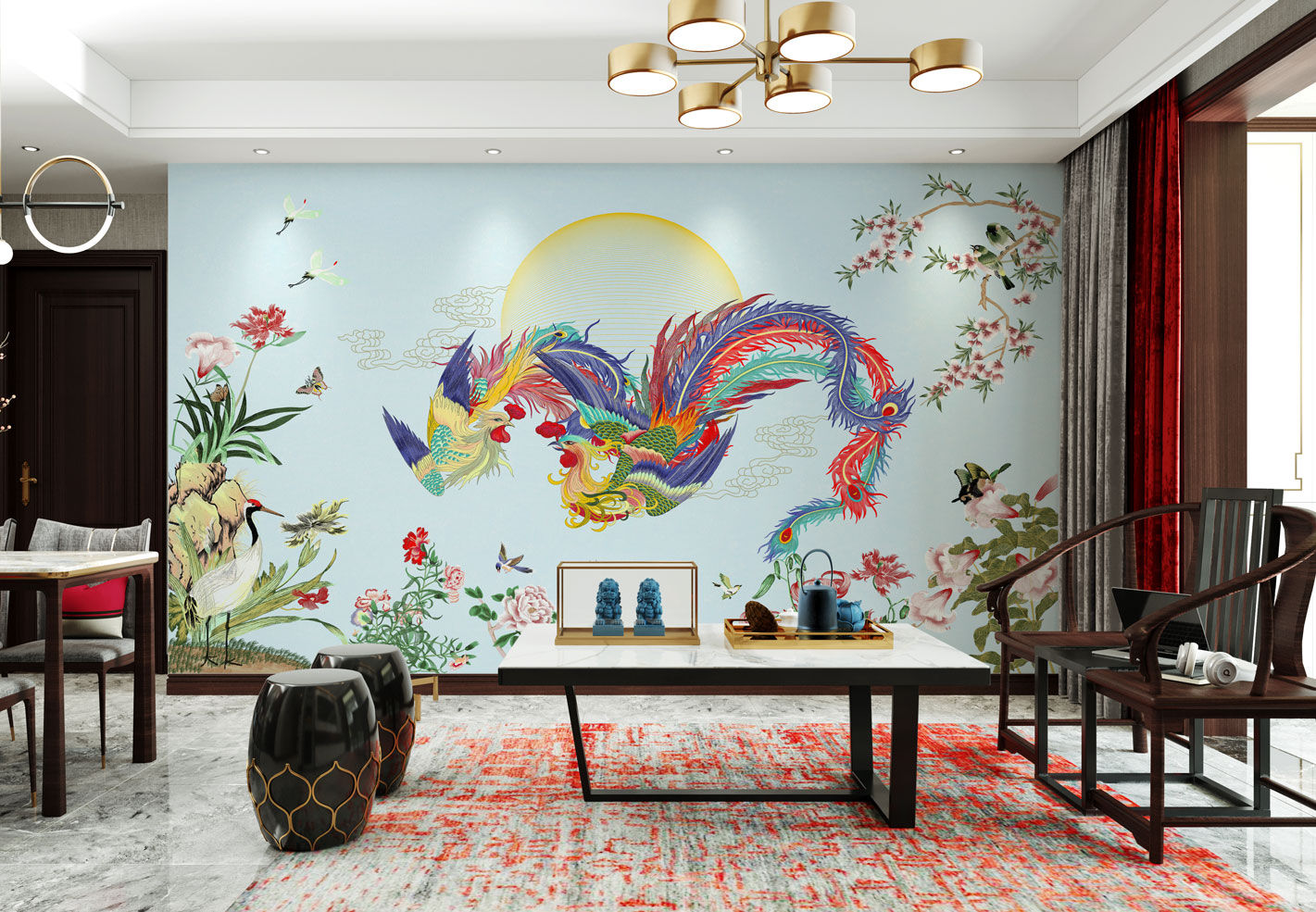 乐芙兰/凤舞九天国潮耐用防霉刺绣客厅背景墙布