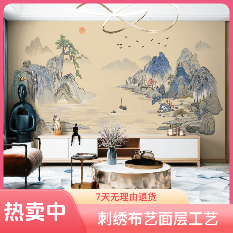 乐芙兰/溪山隐秀高档家装装饰客厅大气中式背景独绣墙布刺绣壁布