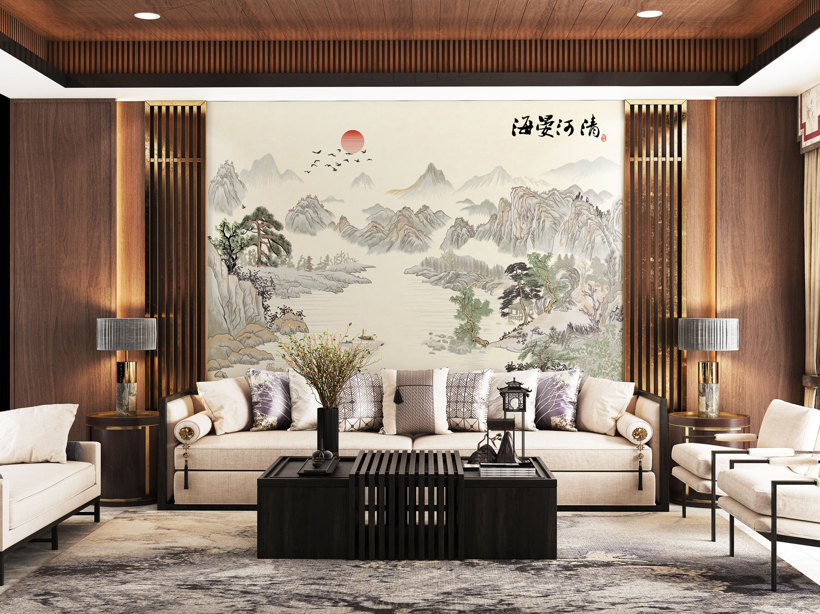 乐芙兰/海晏河清办公室耐用高端防水中式客厅刺绣背景墙布