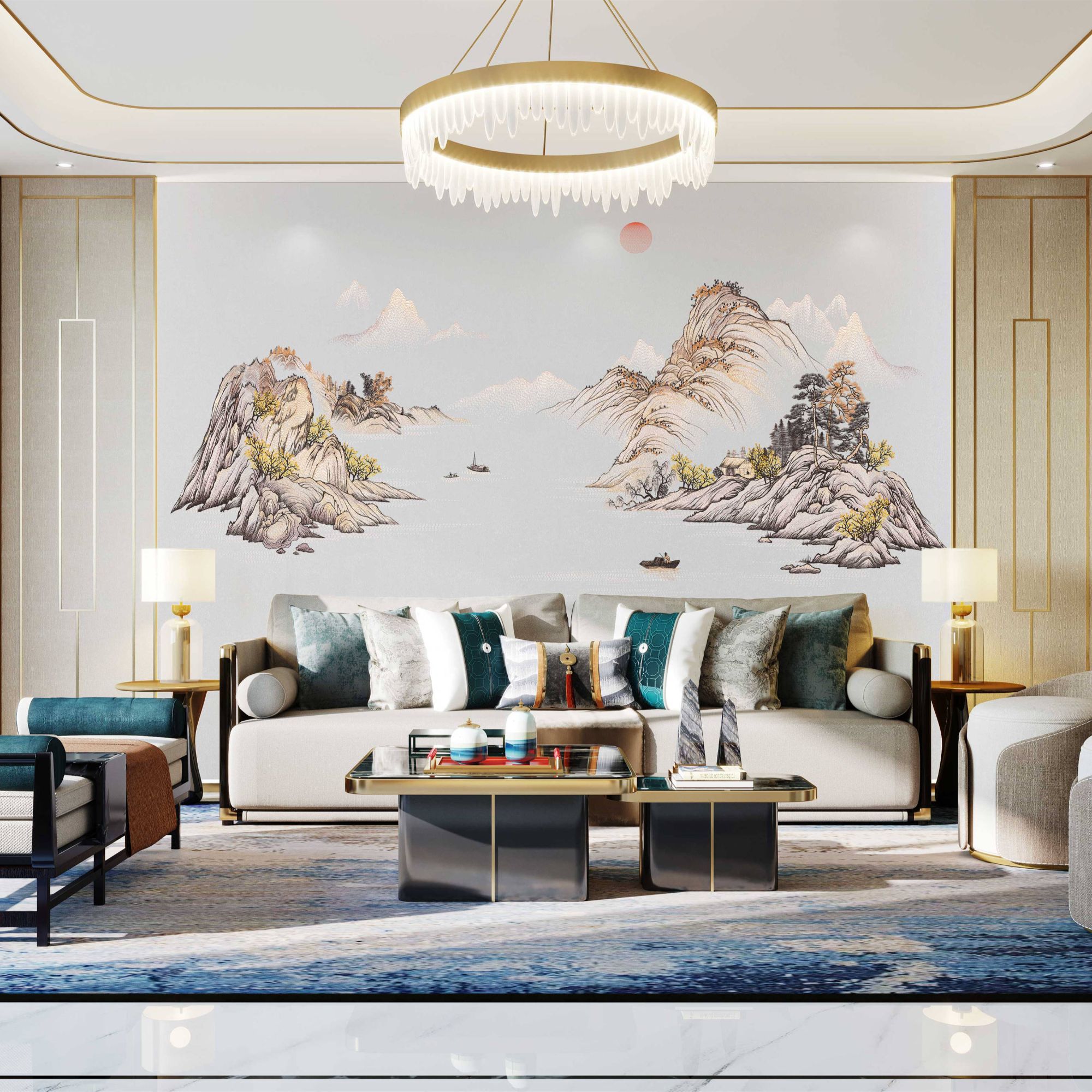 乐芙兰/巴山蜀水高端家装大气新中式装饰背景刺绣墙布高档壁布