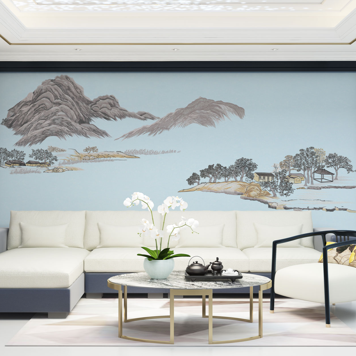 乐芙兰/顺风顺水中式办公室防霉防潮刺绣背景墙布大气高档壁布