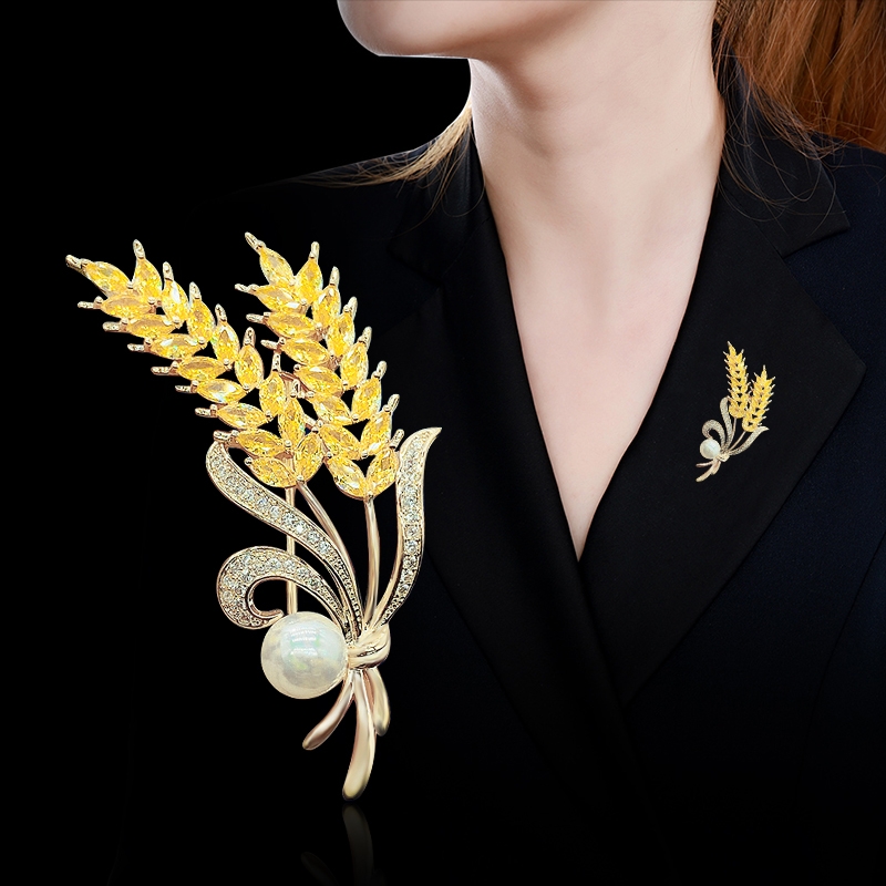 合金合成锆石胸针 新时尚胸花气质轻奢高档双头麦穗岁岁平安胸针