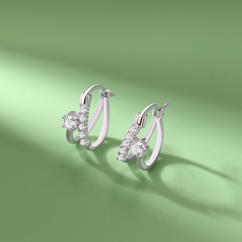 足银耳饰 999纯银耳扣女百搭轻奢满钻双层简约淑女优雅耳环EK137