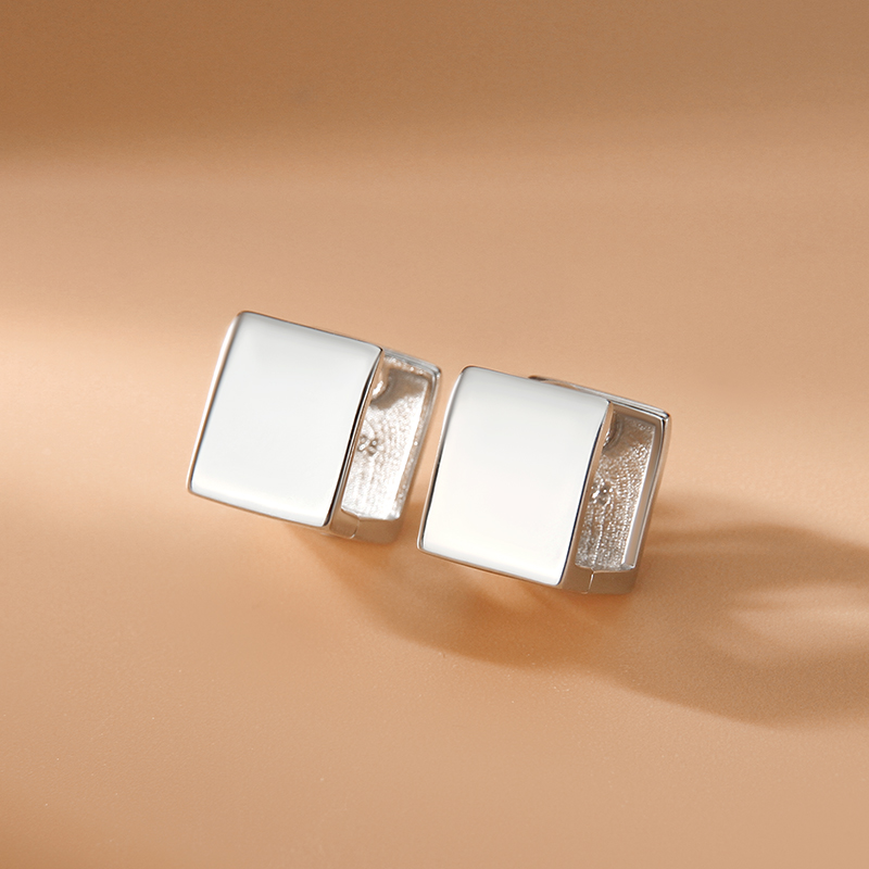 足银耳饰 纯银耳扣女几何方形简约气质个性百搭高级感银耳环EK96