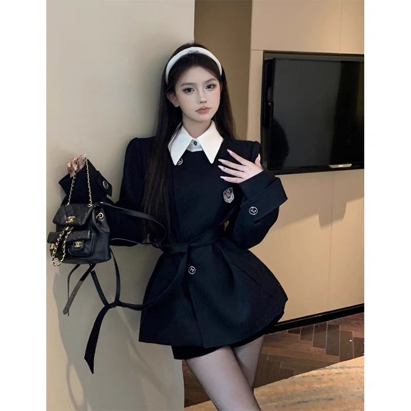 英伦学院风假两件百搭外套女秋冬高档感气质收腰黑色拼接西服上衣