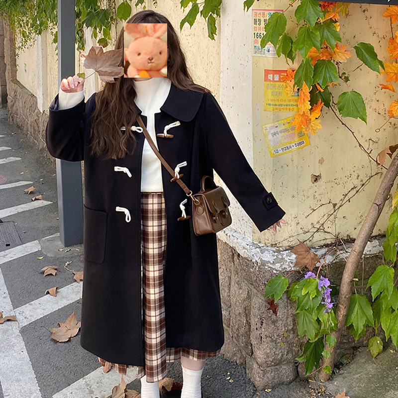 LT sUD0O辣条大码同款 减龄娃娃领显瘦牛角扣毛呢外套大衣有加棉