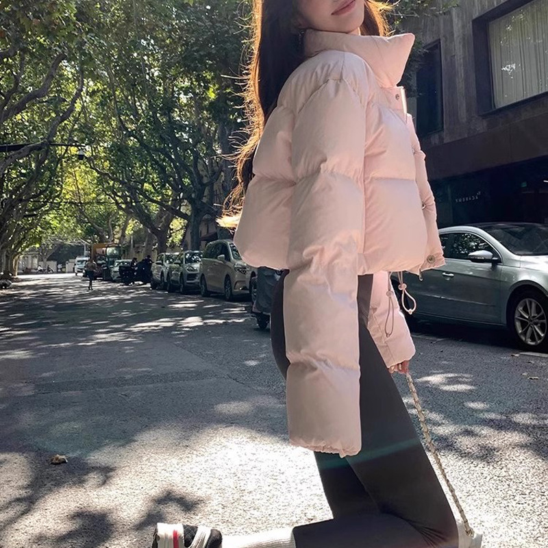粉色立领羽绒服女短款小个子2024冬季韩版90白鸭绒加厚面包服外套