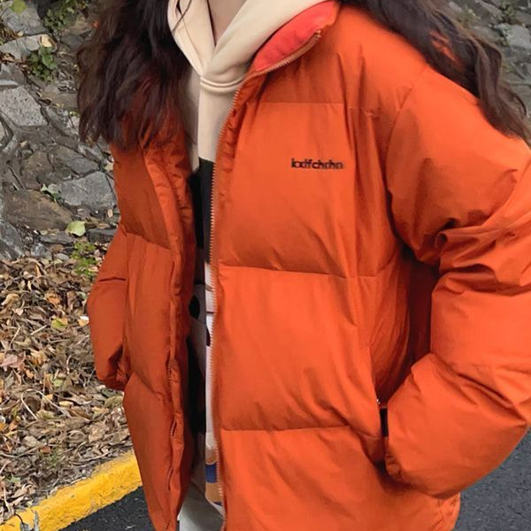 短款羽绒服女冬季韩版潮牌2024年新款宽松情侣厚立领面包服男橙色