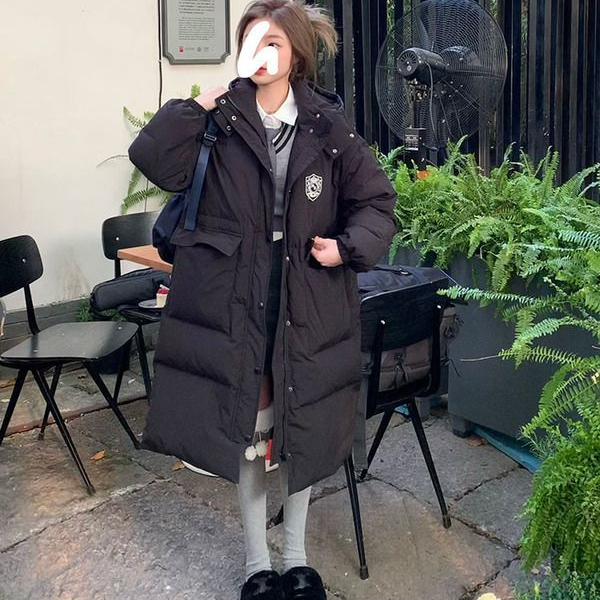 黑色中长款羽绒服女宽松百搭过膝白鸭绒冬季保暖外套加厚学院韩系