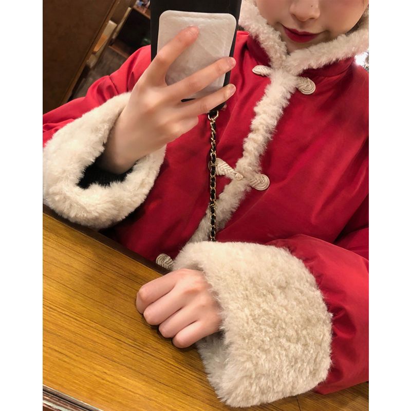红色民族风拜年羽绒棉服女冬短款复古中国风棉袄汉服棉衣结婚外套