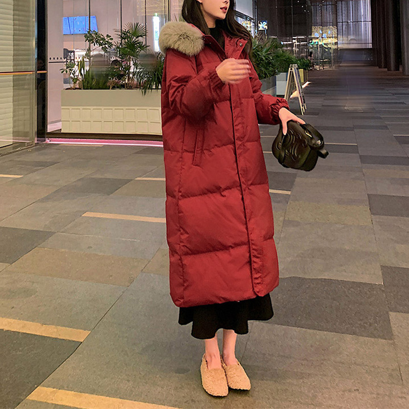 红色长款羽绒服女冬季2024新款大毛领白鸭绒超长过膝加厚保暖外套