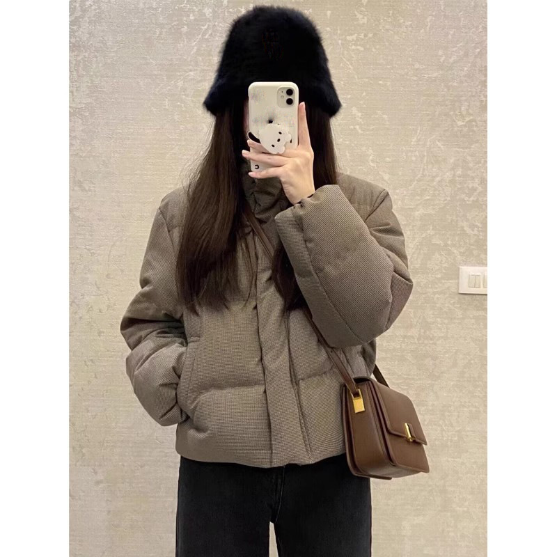 超细千鸟格短款羽绒服女冬季休闲保暖厚外套2024爆款美式短款小众