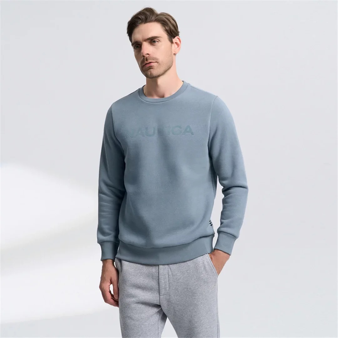 诺家男装潮流美式休闲宽松舒适圆领植绒加绒卫衣男