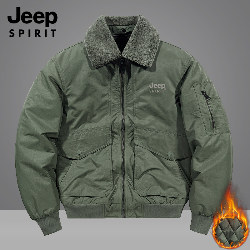  JEEP SPIRIT秋冬季厚款时尚保暖防风毛领外套男多口袋休闲棉夹克