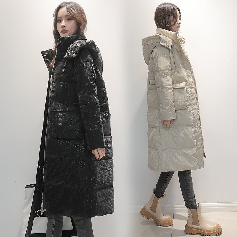 波登司羽绒服白鸭绒新款爆款千鸟格印花过膝长款袄 韩版宽松免洗