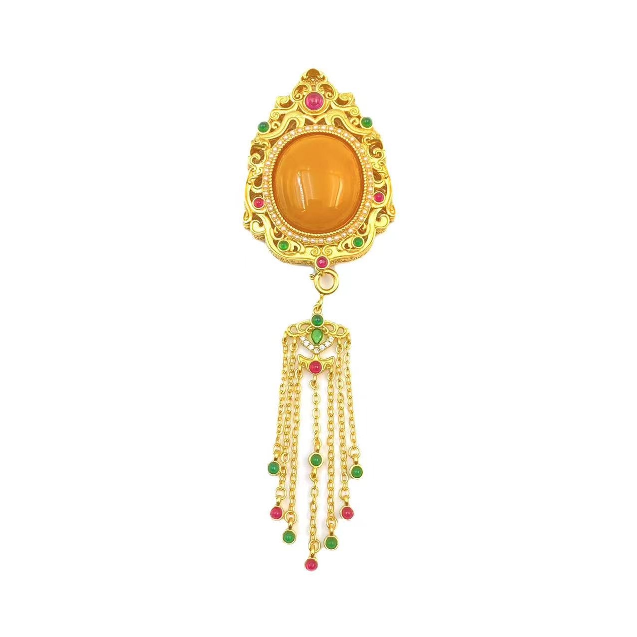 琥珀蜜蜡复古镂空流苏蛋面吊坠M536X合金