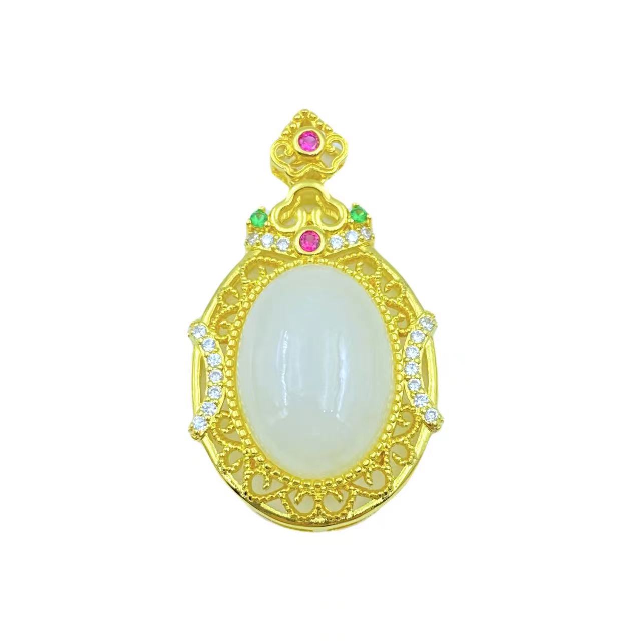 和田玉气质白镂空蛋面吊坠Y1987X合金