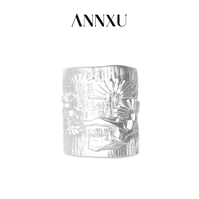 ANNXU 铜合金戒指 松影月映浮雕戒指开口戒圈冷淡风个性小众轻奢