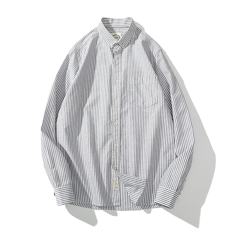 灰条纹长袖男衬衫休闲衬衫百搭秋季翻领修身灰白条竖条纹衬衣104