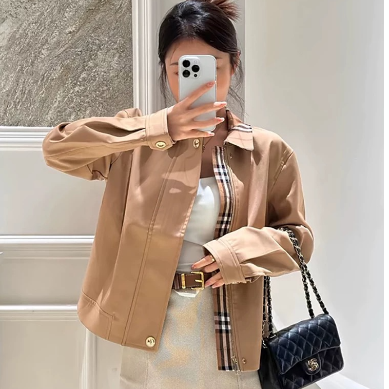 时尚短款韩版卡其色格子翻领夹克风宽松休闲外套百搭春季6912