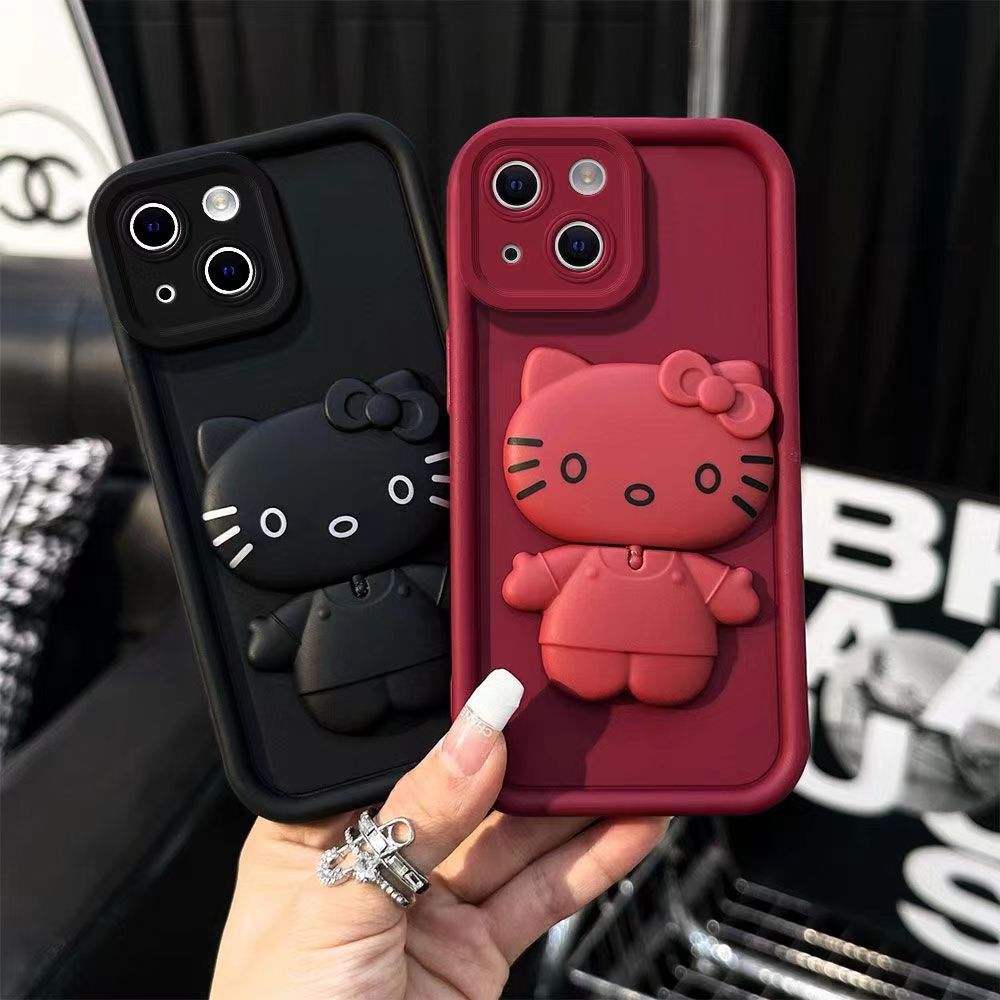 KT猫化妆镜子支架苹果iPhone14手机壳15promax天眼15全包款12女13