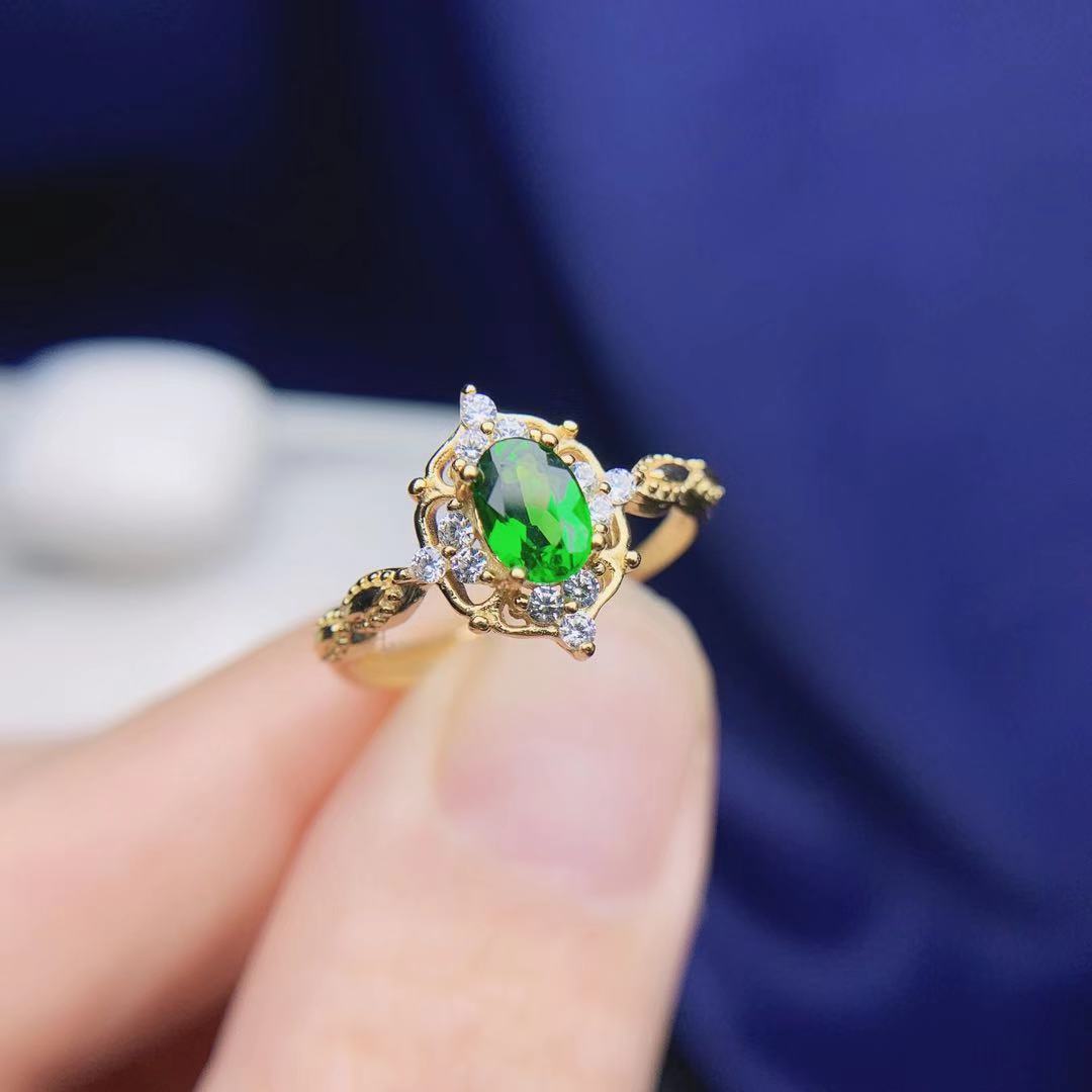 【尚缘珠宝】轻奢天然透辉石戒指s925银镶嵌镀黄金色宫廷风精美通透